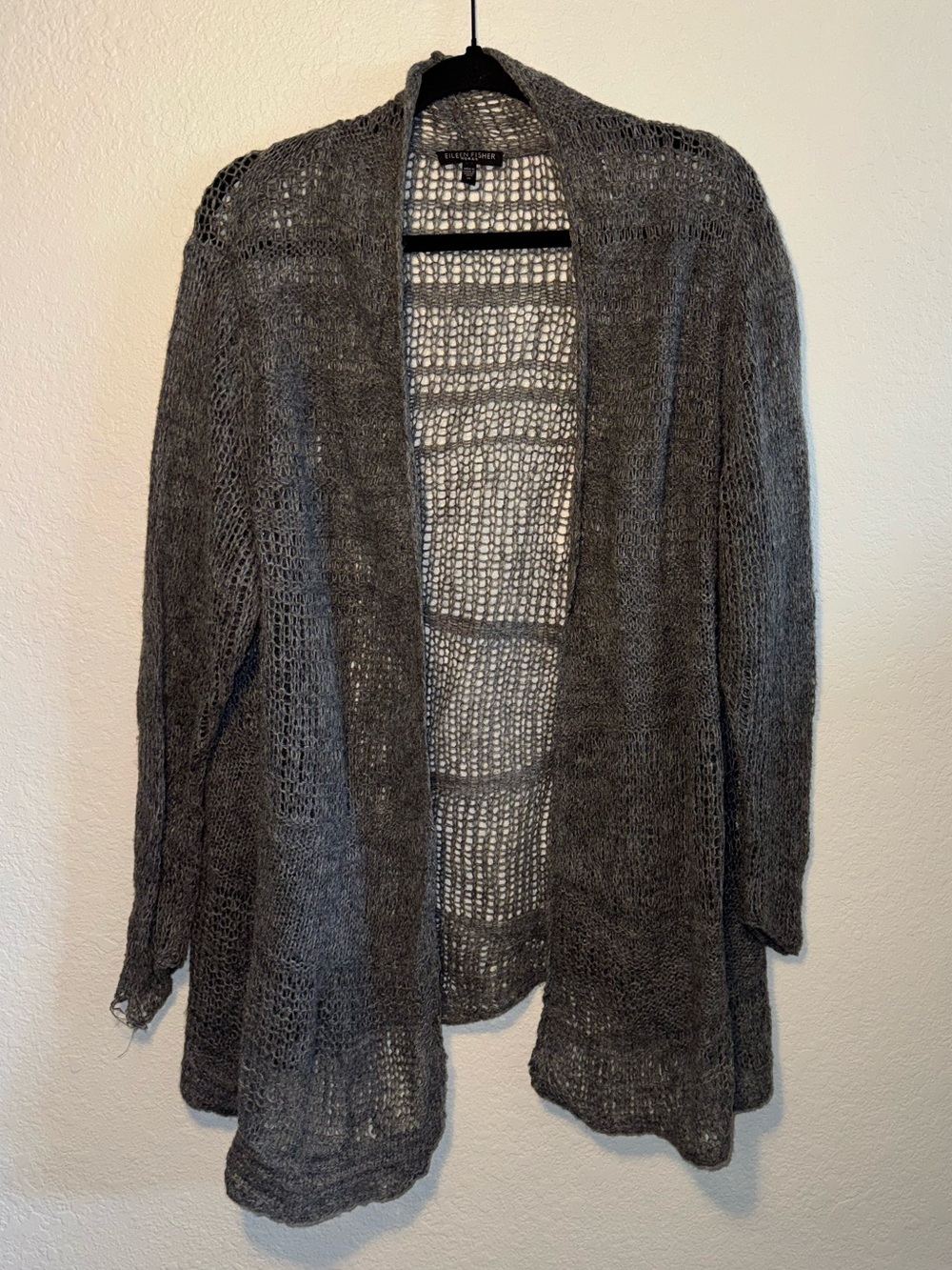 Eileen Fisher Gray Wool Blend Open Cardigan Knit Crochet Size 1X
